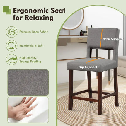 2 Piece Bar Chair Set with Hollowed Back and Rubber Wood Legs-Gray Costway