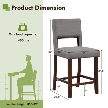 2 Piece Bar Chair Set with Hollowed Back and Rubber Wood Legs-Gray Costway