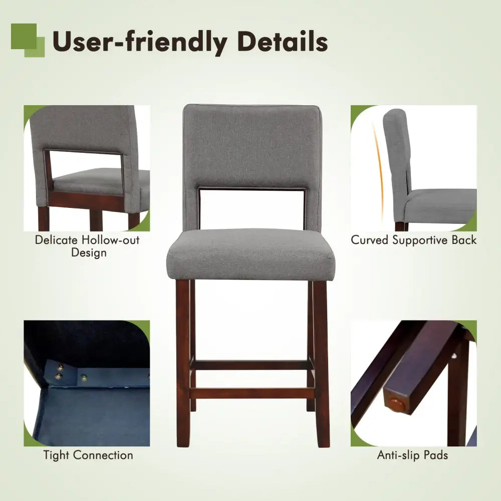 2 Piece Bar Chair Set with Hollowed Back and Rubber Wood Legs-Gray Costway