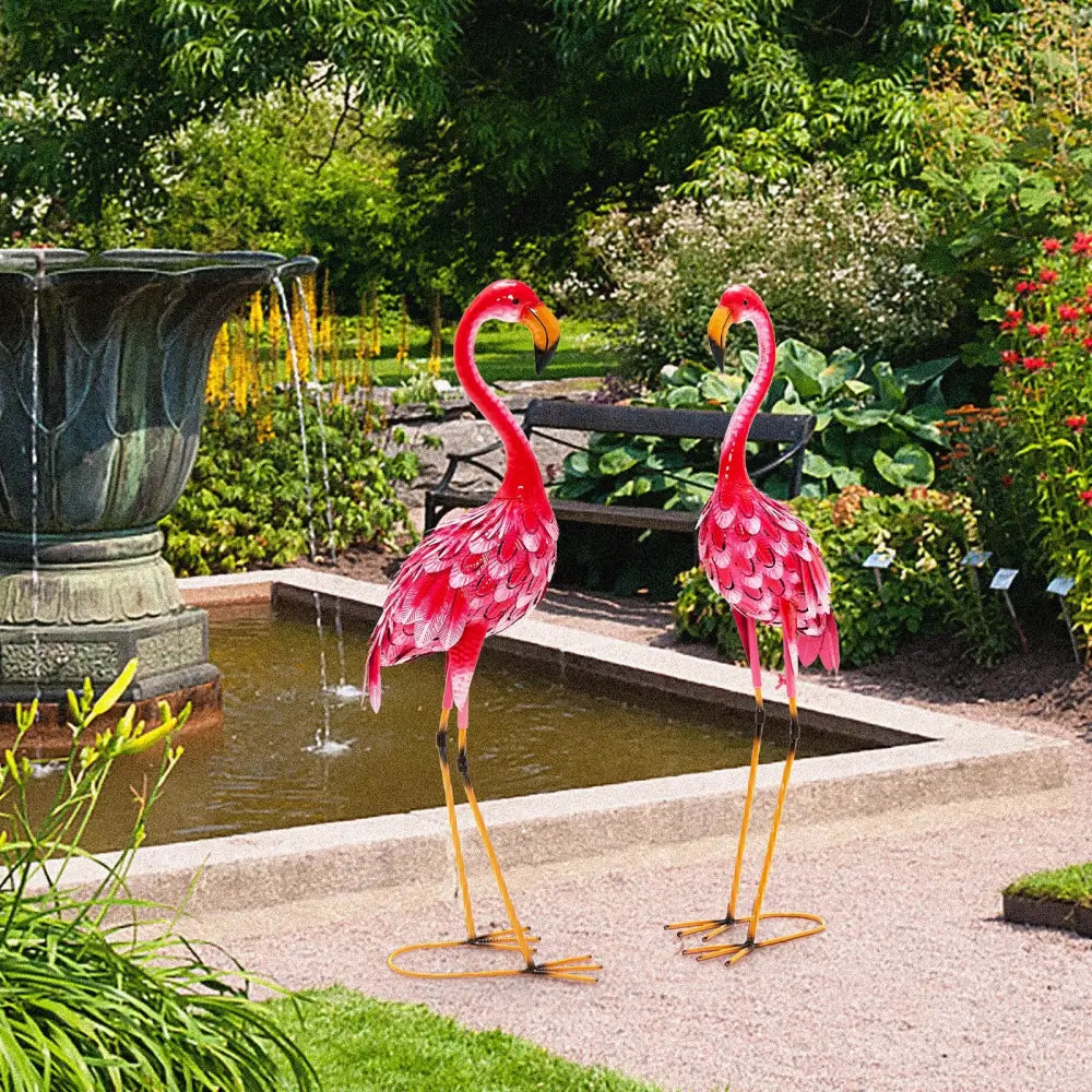 2-Piece Flamingo Garden Statue Set - Red - Outdoor Decor