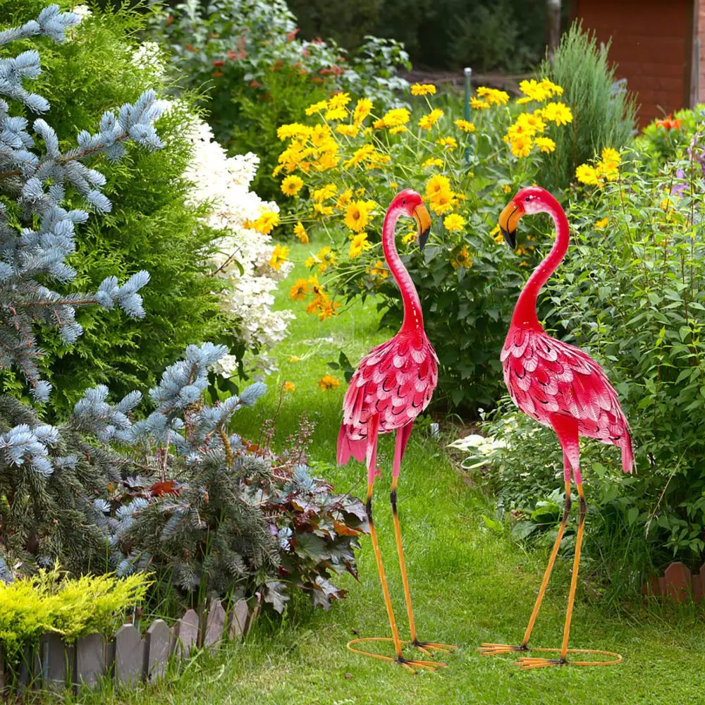 2-Piece Flamingo Garden Statue Set - Red - Outdoor Decor