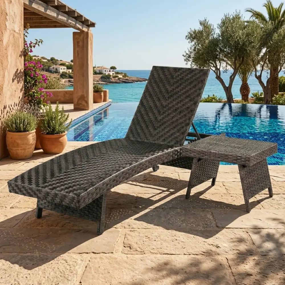 2-Piece Folding Padded Rattan Patio Chaise Lounge with Side Table Set - Outdoor Chaise Lounges