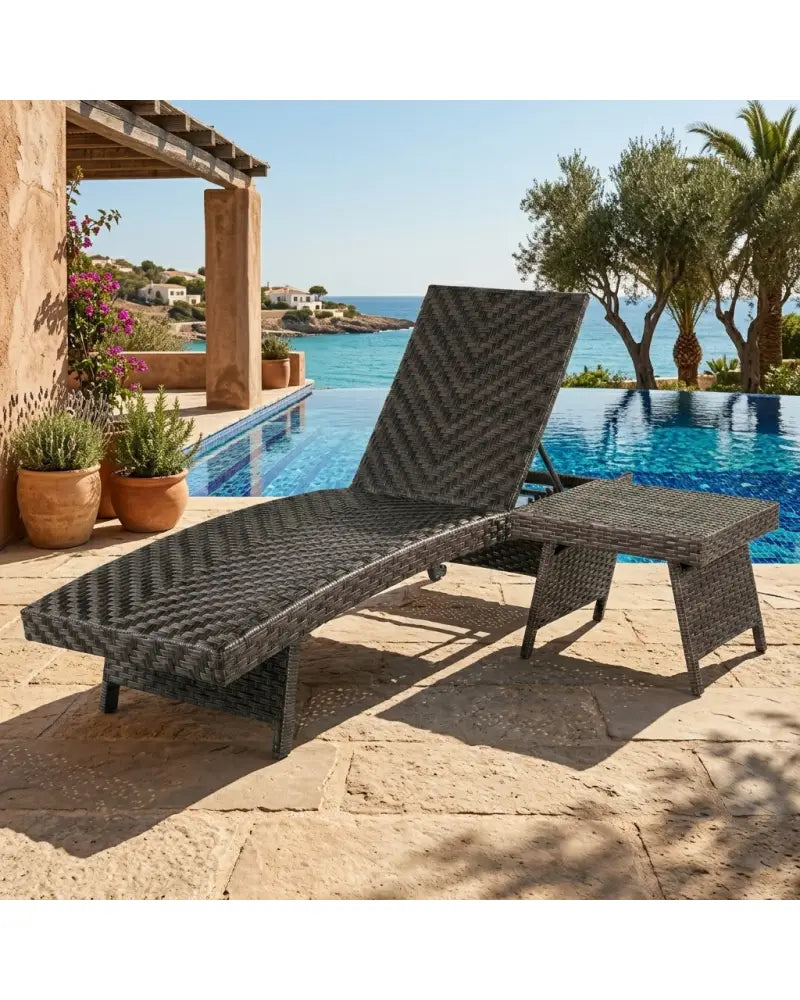 2-Piece Folding Padded Rattan Patio Chaise Lounge with Side Table Set - Outdoor Chaise Lounges