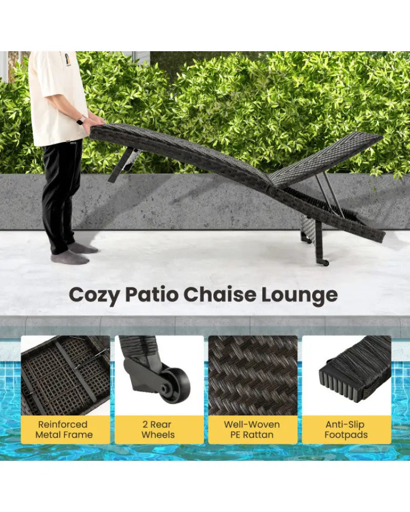 2-Piece Folding Padded Rattan Patio Chaise Lounge with Side Table Set - Outdoor Chaise Lounges