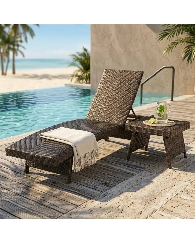 2-Piece Folding Padded Rattan Patio Chaise Lounge with Side Table Set - Outdoor Chaise Lounges