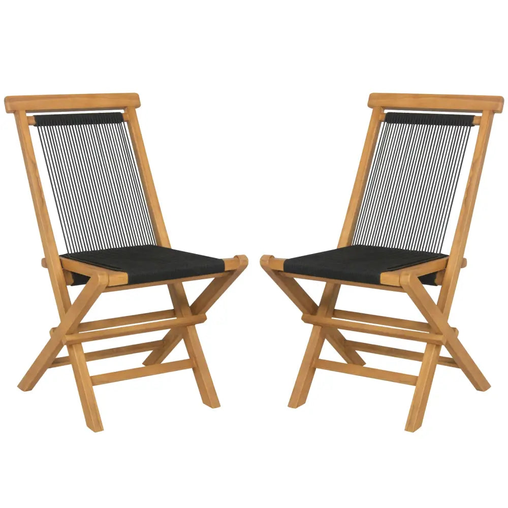 2 Piece Indonesia Teak Patio Folding Chairs with Woven Rope Seat and Back for Porch Backyard Poolside - Natural - Patio