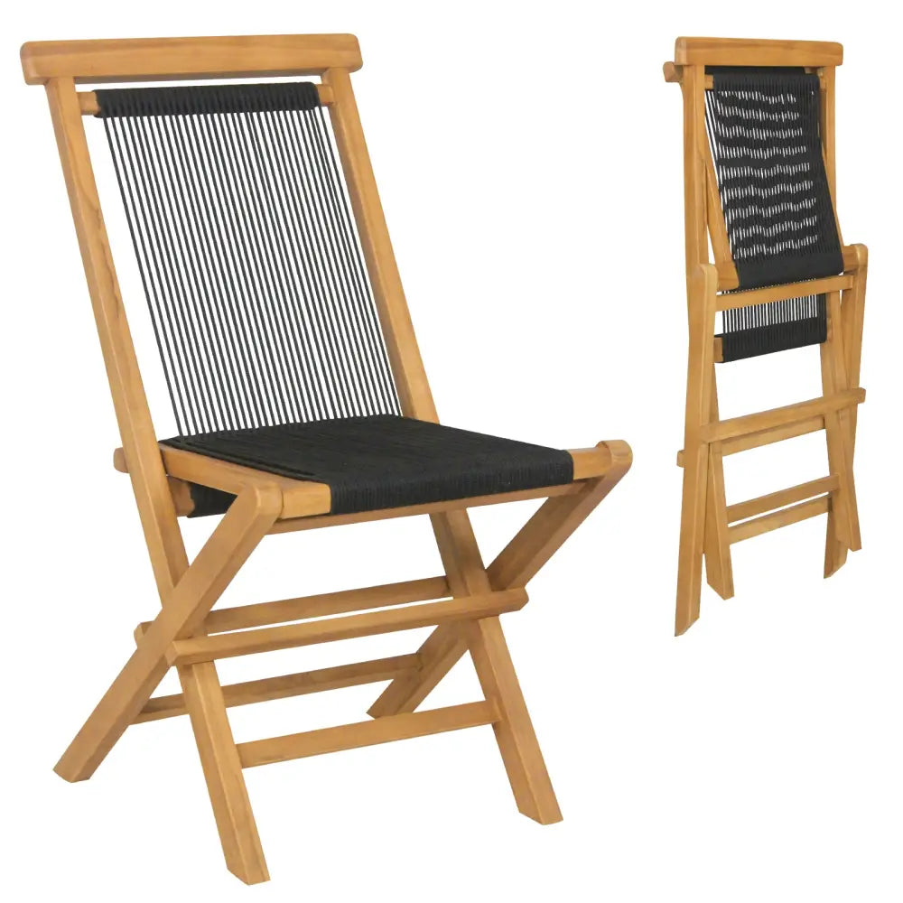 2 Piece Indonesia Teak Patio Folding Chairs with Woven Rope Seat and Back for Porch Backyard Poolside - Natural - Patio