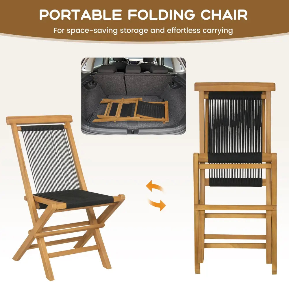 2 Piece Indonesia Teak Patio Folding Chairs with Woven Rope Seat and Back for Porch Backyard Poolside - Natural - Patio