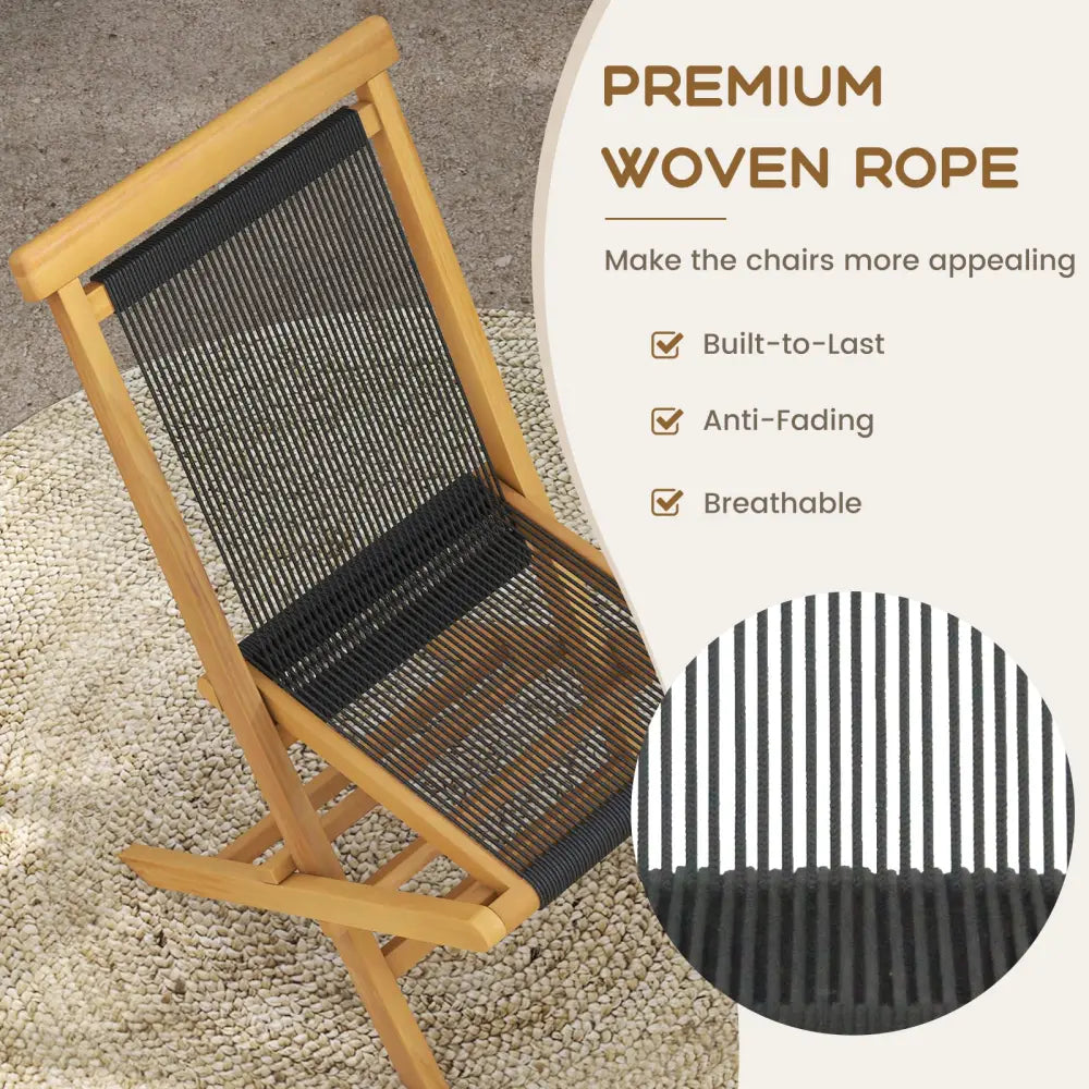 2 Piece Indonesia Teak Patio Folding Chairs with Woven Rope Seat and Back for Porch Backyard Poolside - Natural - Patio