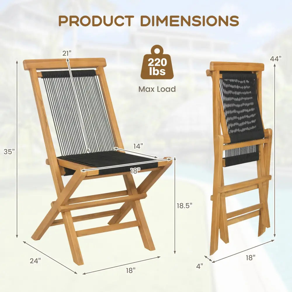 2 Piece Indonesia Teak Patio Folding Chairs with Woven Rope Seat and Back for Porch Backyard Poolside - Natural - Patio