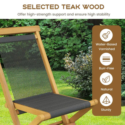 2 Piece Indonesia Teak Patio Folding Chairs with Woven Rope Seat and Back for Porch Backyard Poolside - Natural - Patio