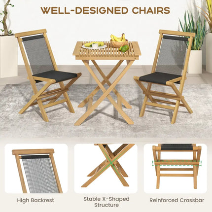 2 Piece Indonesia Teak Patio Folding Chairs with Woven Rope Seat and Back for Porch Backyard Poolside - Natural - Patio