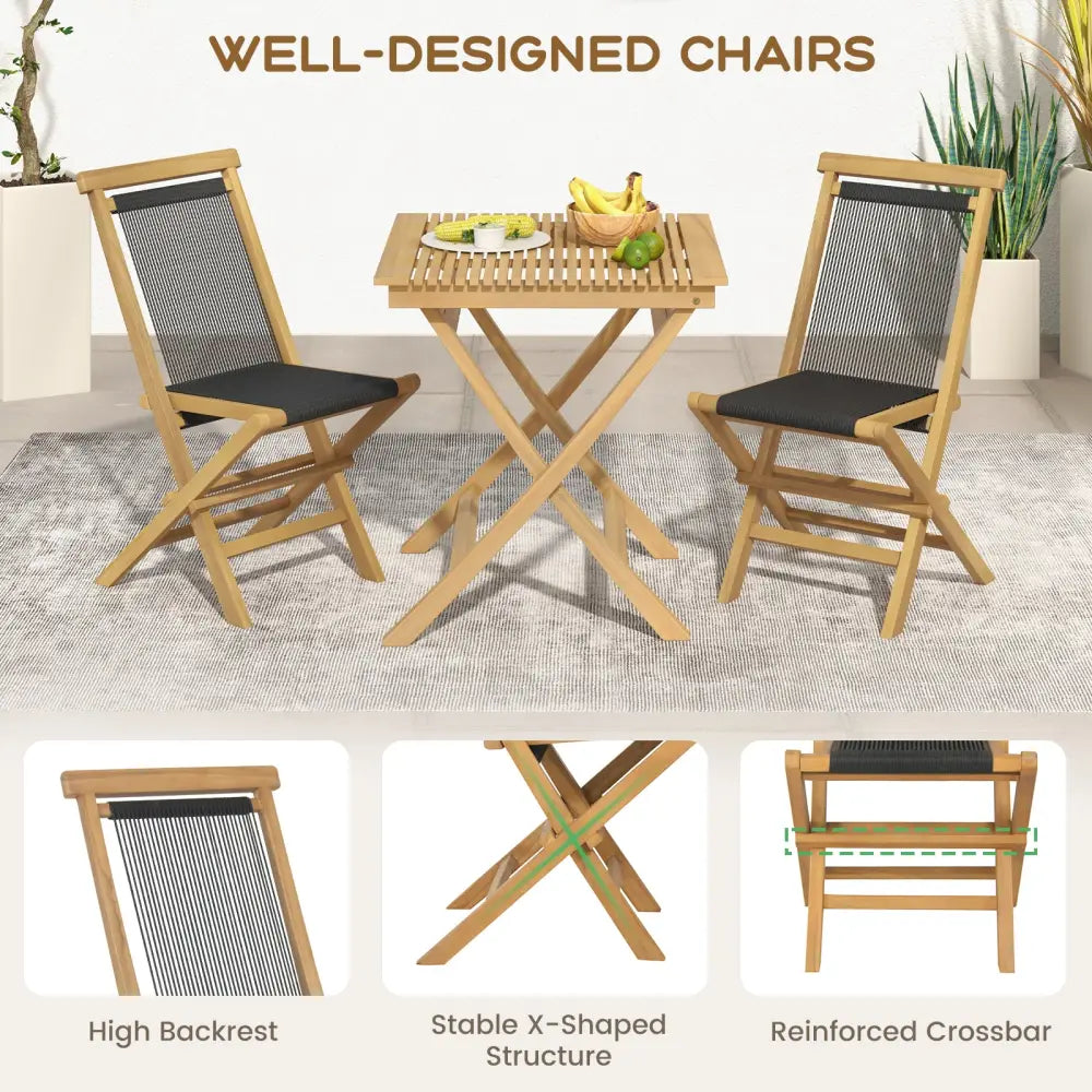 2 Piece Indonesia Teak Patio Folding Chairs with Woven Rope Seat and Back for Porch Backyard Poolside - Natural - Patio