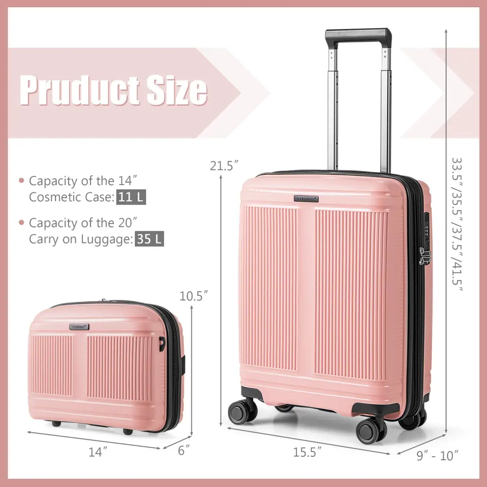 2-Piece Luggage Set 20 Inch Carry-on Suitcase and 14 Inch Cosmetic Case-Pink - Pink - Camping