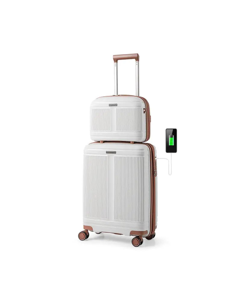 2-Piece Luggage Set 20 Inch Carry-on Suitcase and 14 Inch Cosmetic Case-White - White - Camping