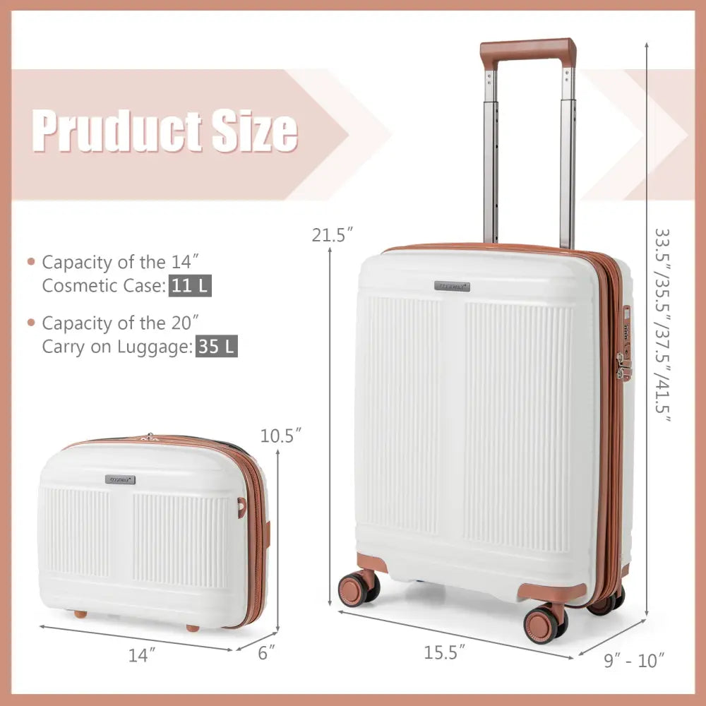 2-Piece Luggage Set 20 Inch Carry-on Suitcase and 14 Inch Cosmetic Case-White - White - Camping