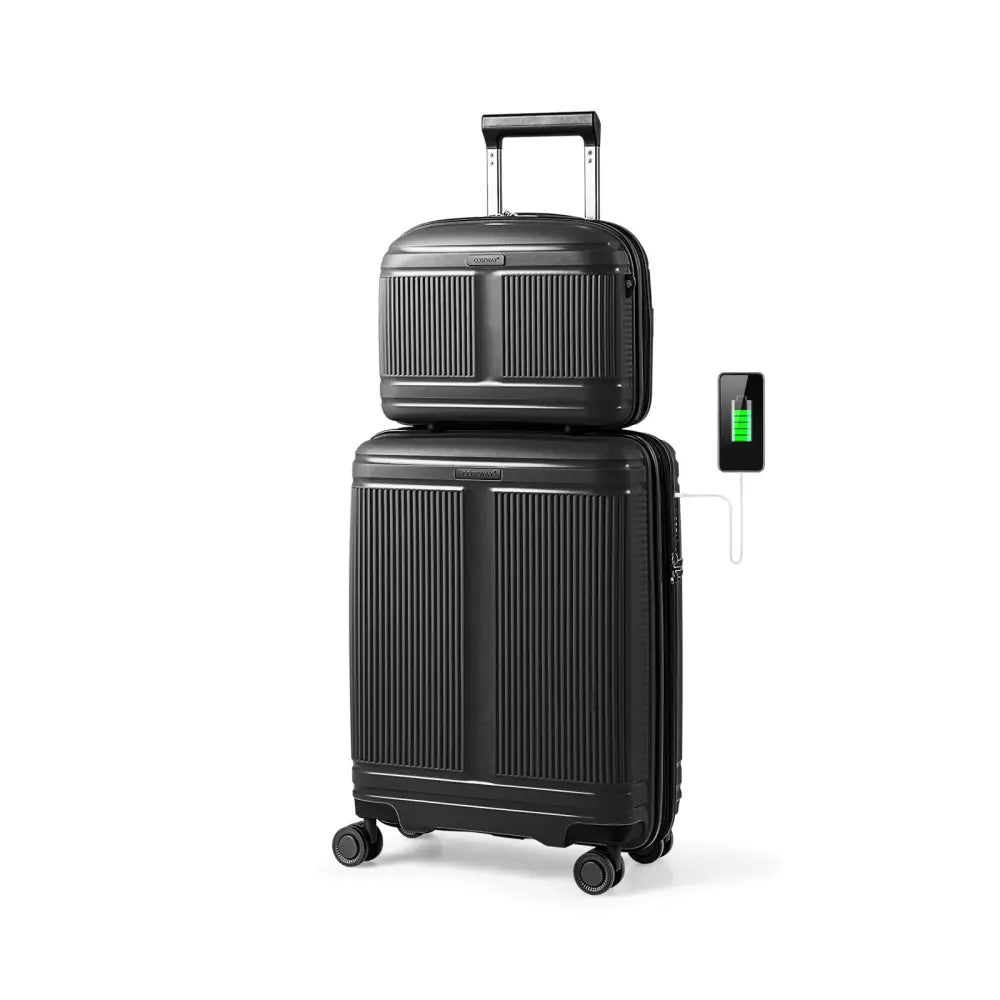 2-Piece Luggage Set 20 Inch Carry-on Suitcase and 14 Inch Cosmetic Case-Black - Black - Camping