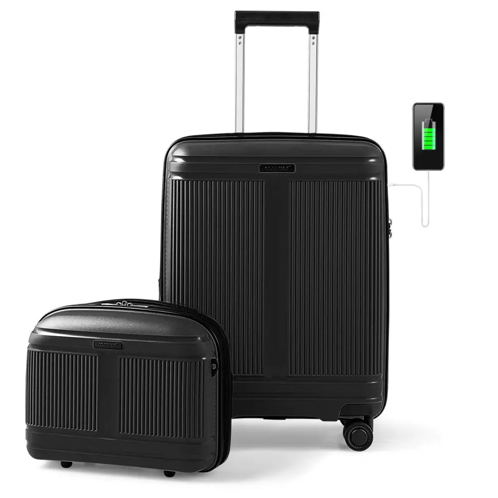 2-Piece Luggage Set 20 Inch Carry-on Suitcase and 14 Inch Cosmetic Case-Black - Black - Camping