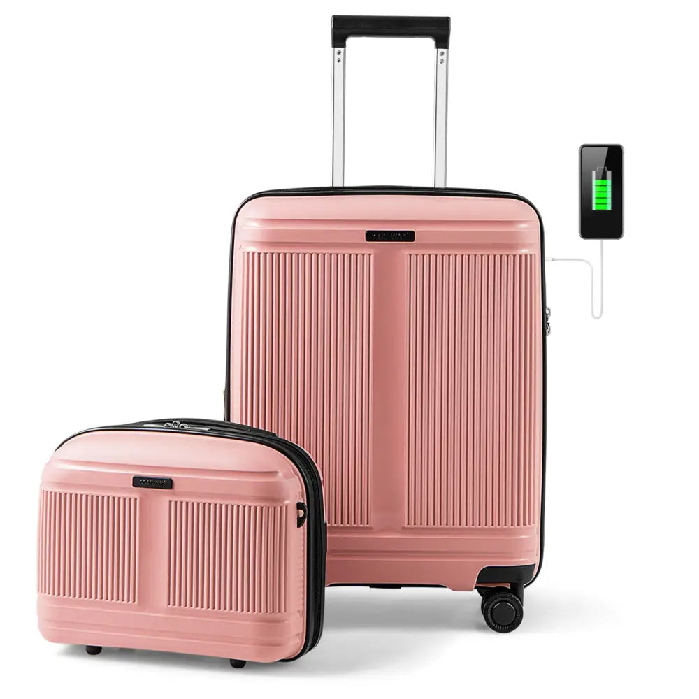 2-Piece Luggage Set 20 Inch Carry-on Suitcase and 14 Inch Cosmetic Case-Pink - Pink - Camping