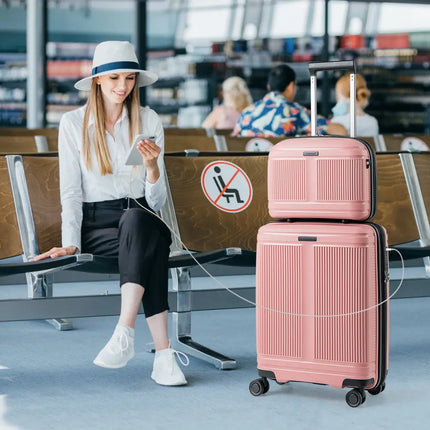 2-Piece Luggage Set 20 Inch Carry-on Suitcase and 14 Inch Cosmetic Case-Pink - Pink - Camping