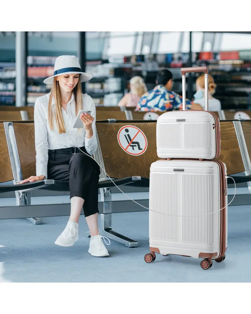 2-Piece Luggage Set 20 Inch Carry-on Suitcase and 14 Inch Cosmetic Case-White - White - Camping