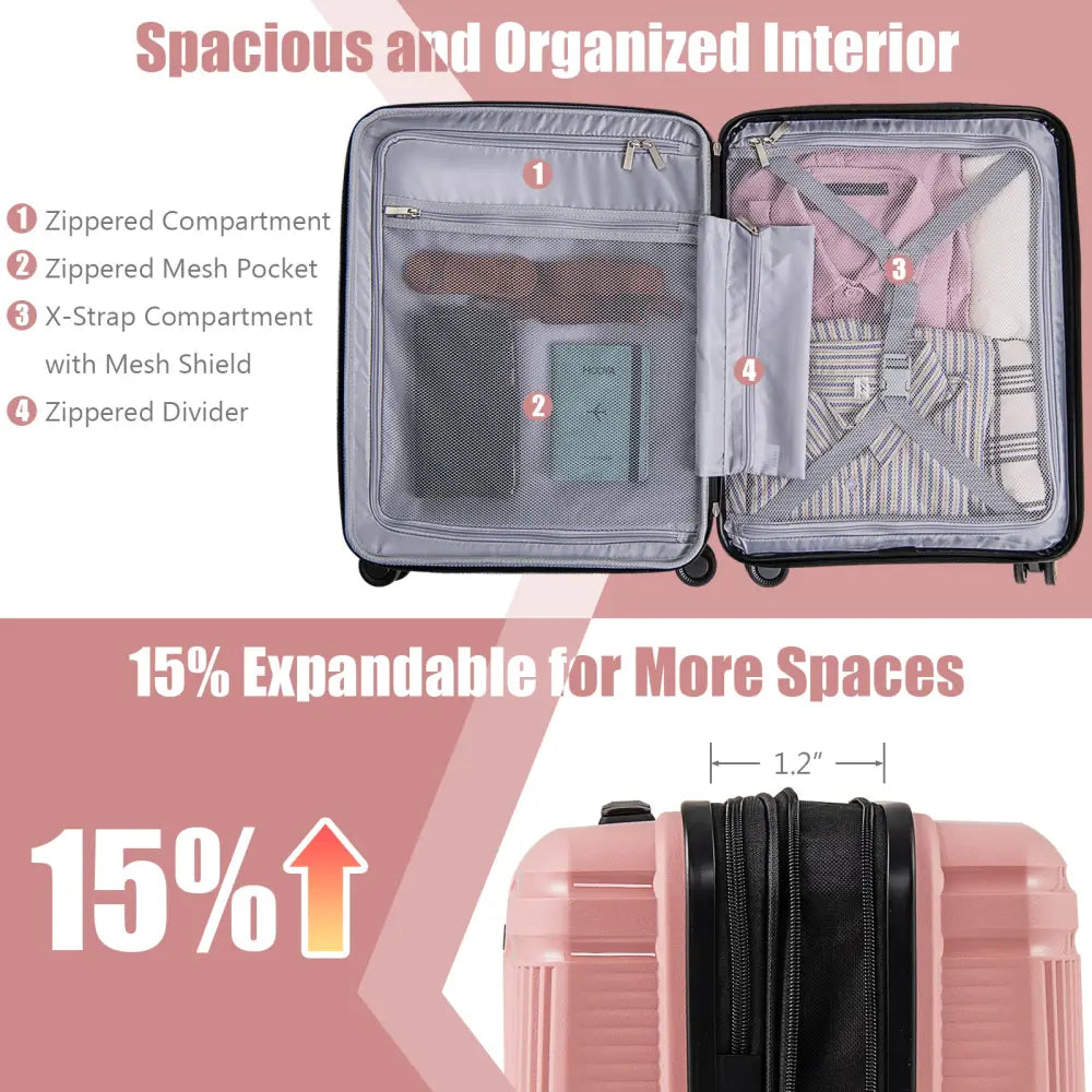 2-Piece Luggage Set 20 Inch Carry-on Suitcase and 14 Inch Cosmetic Case-Pink - Pink - Camping