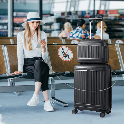 2-Piece Luggage Set 20 Inch Carry-on Suitcase and 14 Inch Cosmetic Case-Black - Black - Camping