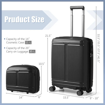 2-Piece Luggage Set 20 Inch Carry-on Suitcase and 14 Inch Cosmetic Case-Black - Black - Camping