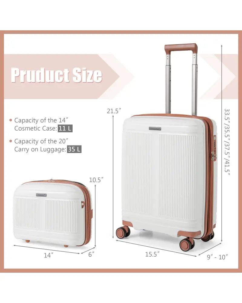 2-Piece Luggage Set 20 Inch Carry-on Suitcase and 14 Inch Cosmetic Case-White - White - Camping
