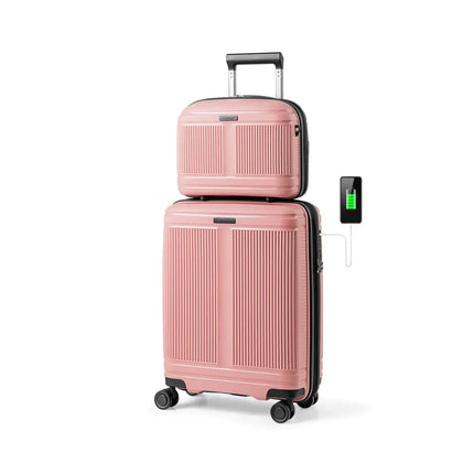 2-Piece Luggage Set 20 Inch Carry-on Suitcase and 14 Inch Cosmetic Case-Pink - Pink - Camping