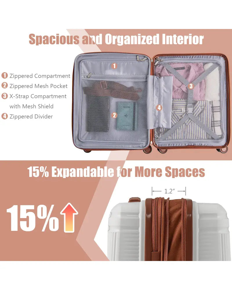 2-Piece Luggage Set 20 Inch Carry-on Suitcase and 14 Inch Cosmetic Case-White - White - Camping