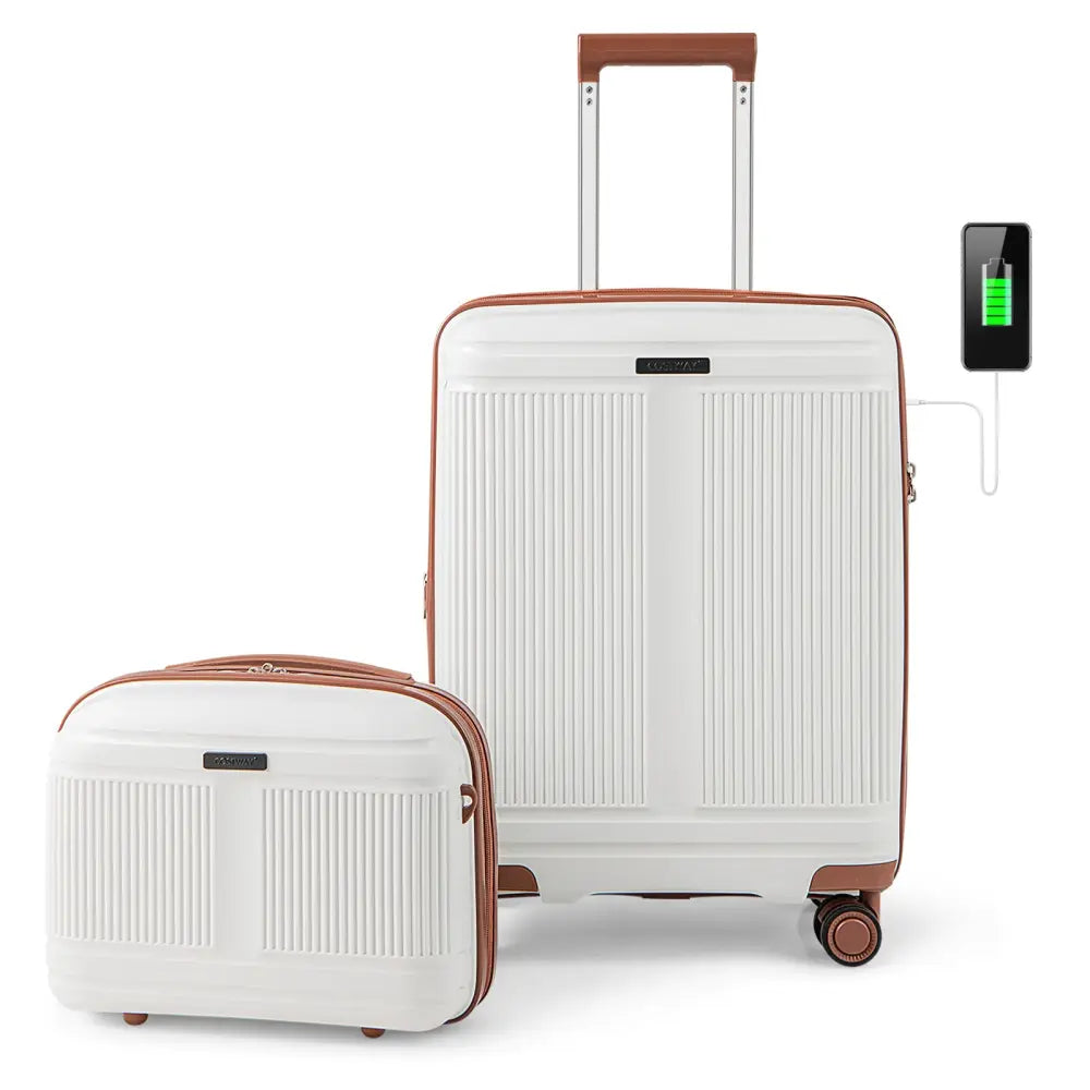 2-Piece Luggage Set 20 Inch Carry-on Suitcase and 14 Inch Cosmetic Case-White - White - Camping