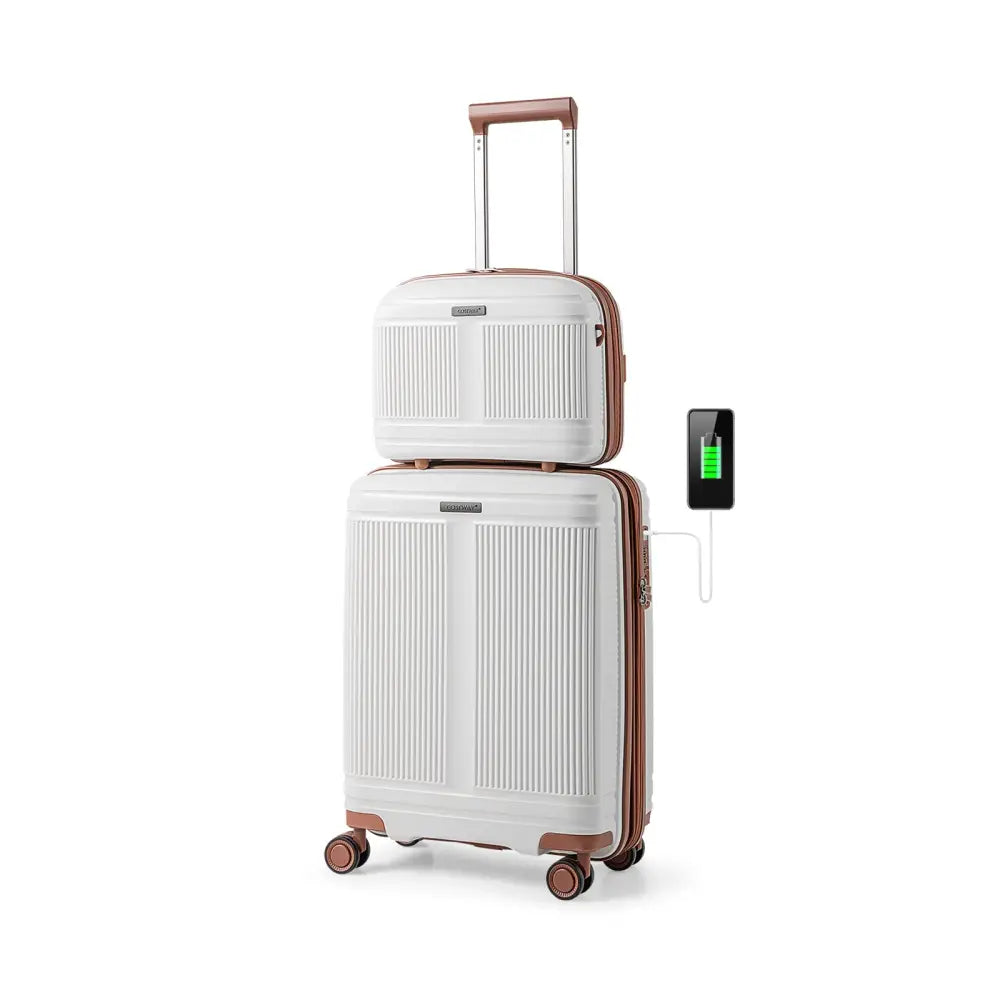 2-Piece Luggage Set 20 Inch Carry-on Suitcase and 14 Inch Cosmetic Case-White - White - Camping