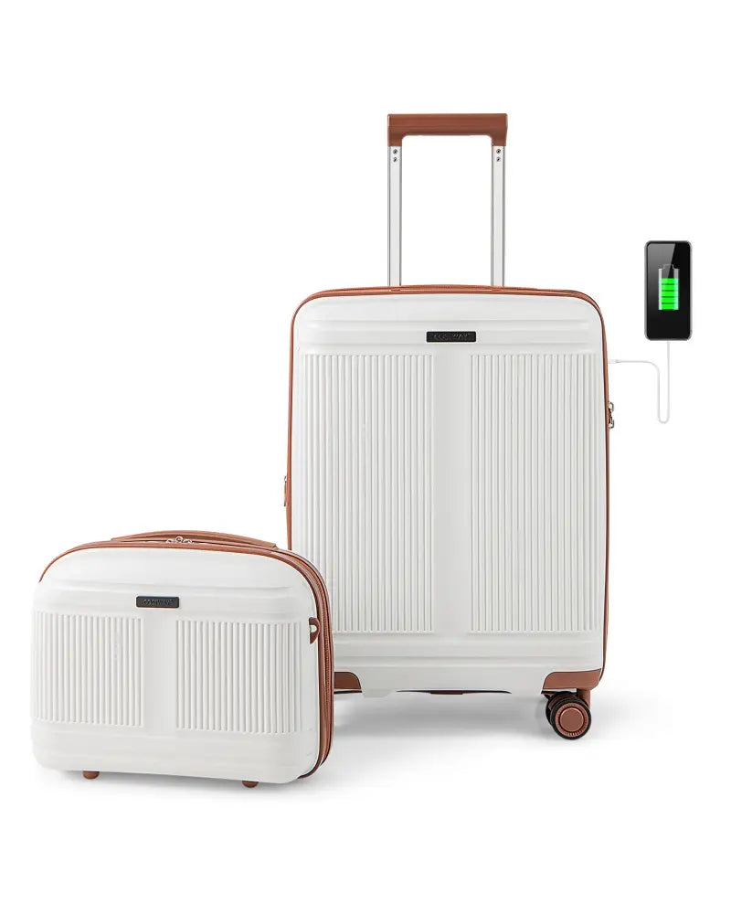 2-Piece Luggage Set 20 Inch Carry-on Suitcase and 14 Inch Cosmetic Case-White - White - Camping