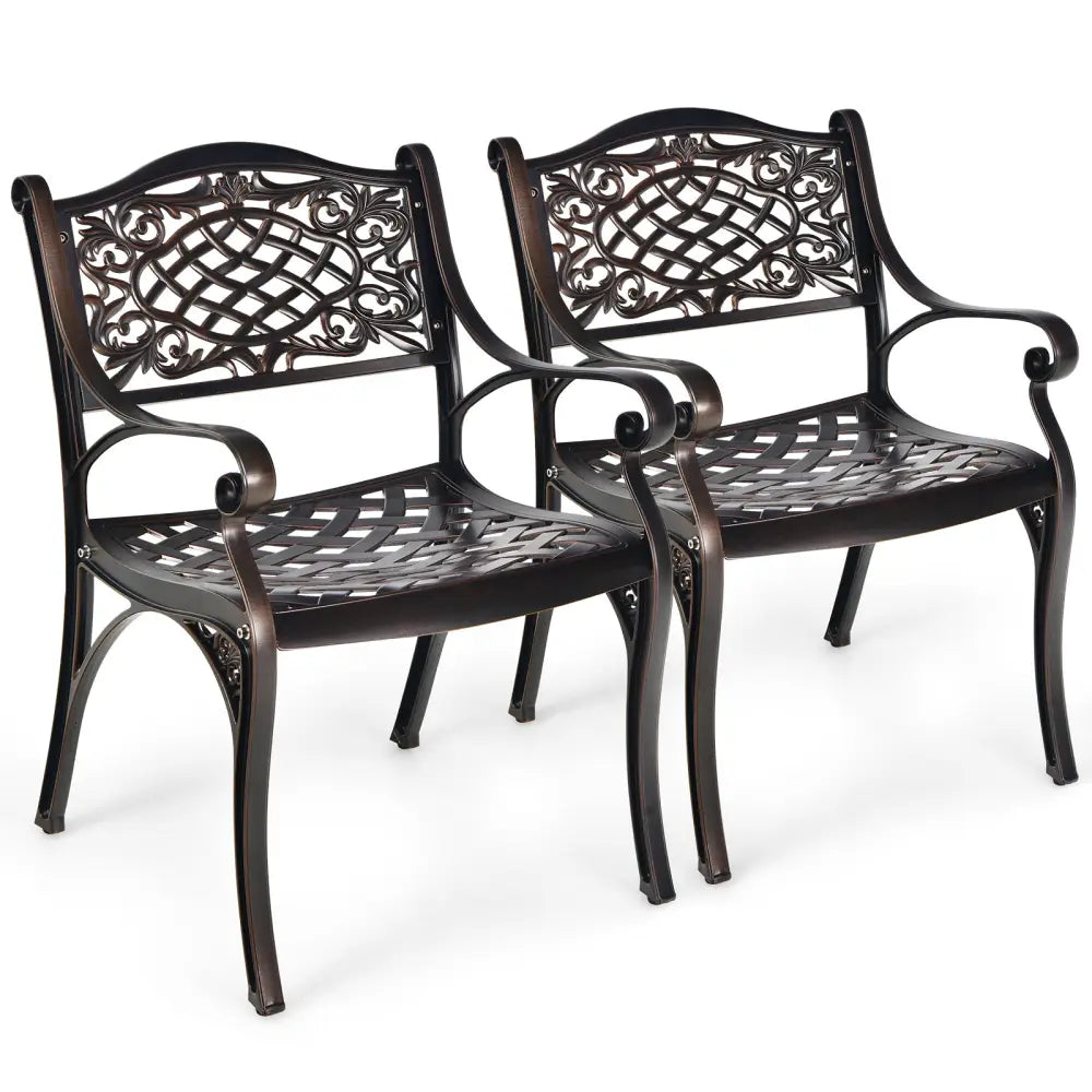 2-Piece Outdoor Cast Aluminum Chairs with Armrests and Curved Seats-Copper - Copper - Patio Dining Chairs