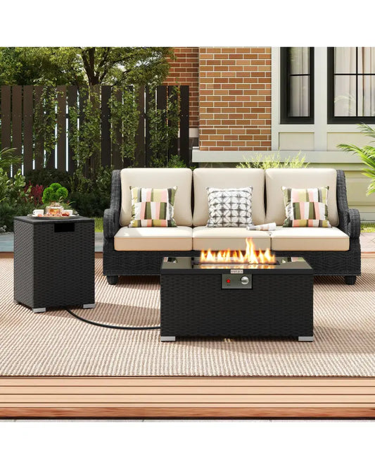 2-Piece Outdoor Rattan Fire Table Set 32 Inch Rectangle Gas Firepit with Tank Cover-Black - Black - Fire Pit Tables