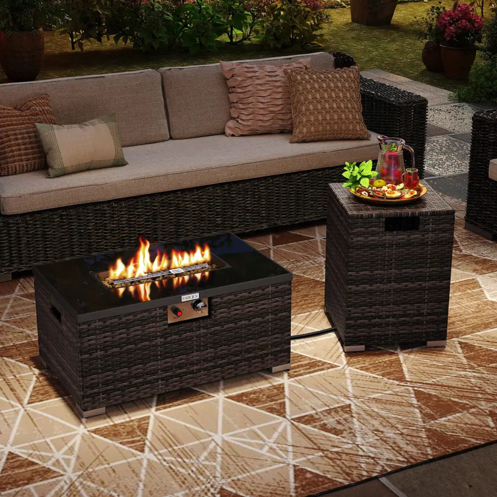 2-Piece Outdoor Rattan Fire Table Set 32 Inch Rectangle Gas Firepit with Tank Cover-Brown - Brown - Fire Pit Tables