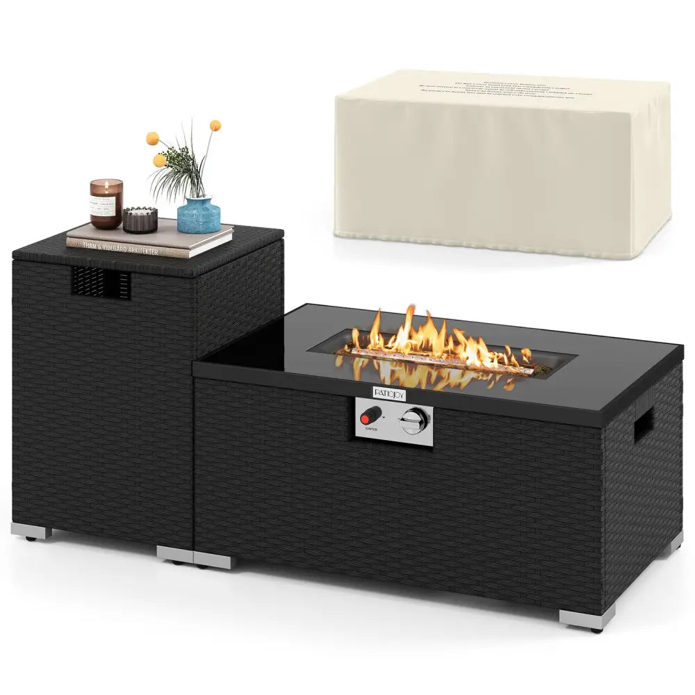 2-Piece Outdoor Rattan Fire Table Set 32 Inch Rectangle Gas Firepit with Tank Cover-Black - Black - Fire Pit Tables