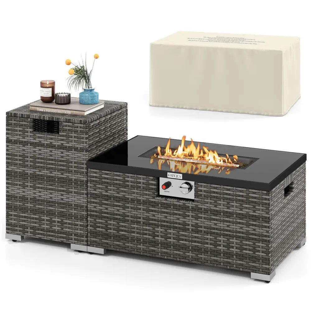 2-Piece Outdoor Rattan Fire Table Set 32 Inch Rectangle Gas Firepit with Tank Cover-Gray - Gray - Fire Pit Tables