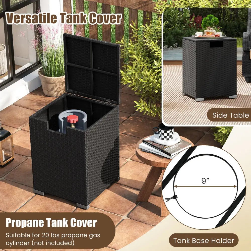 2-Piece Outdoor Rattan Fire Table Set 32 Inch Rectangle Gas Firepit with Tank Cover-Black - Black - Fire Pit Tables