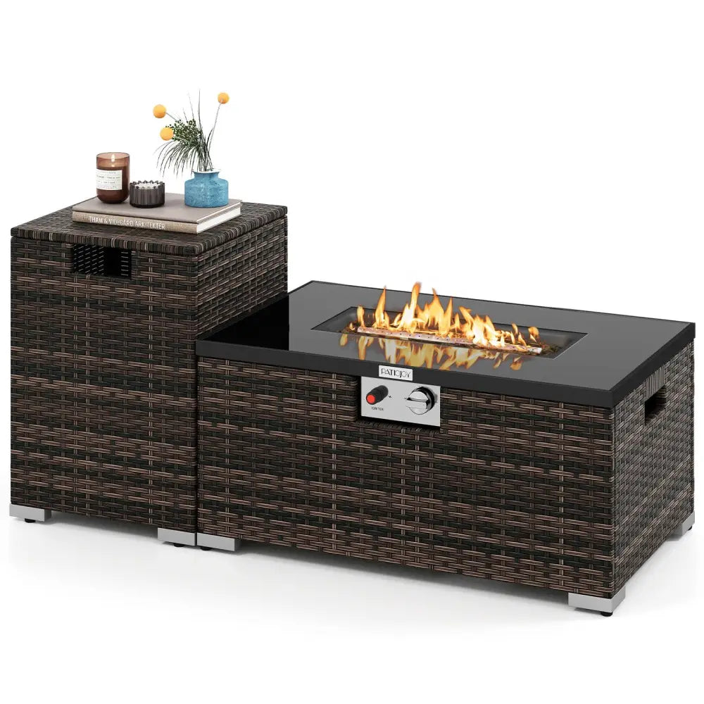 2-Piece Outdoor Rattan Fire Table Set 32 Inch Rectangle Gas Firepit with Tank Cover-Brown - Brown - Fire Pit Tables