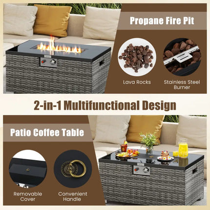 2-Piece Outdoor Rattan Fire Table Set 32 Inch Rectangle Gas Firepit with Tank Cover-Gray - Gray - Fire Pit Tables