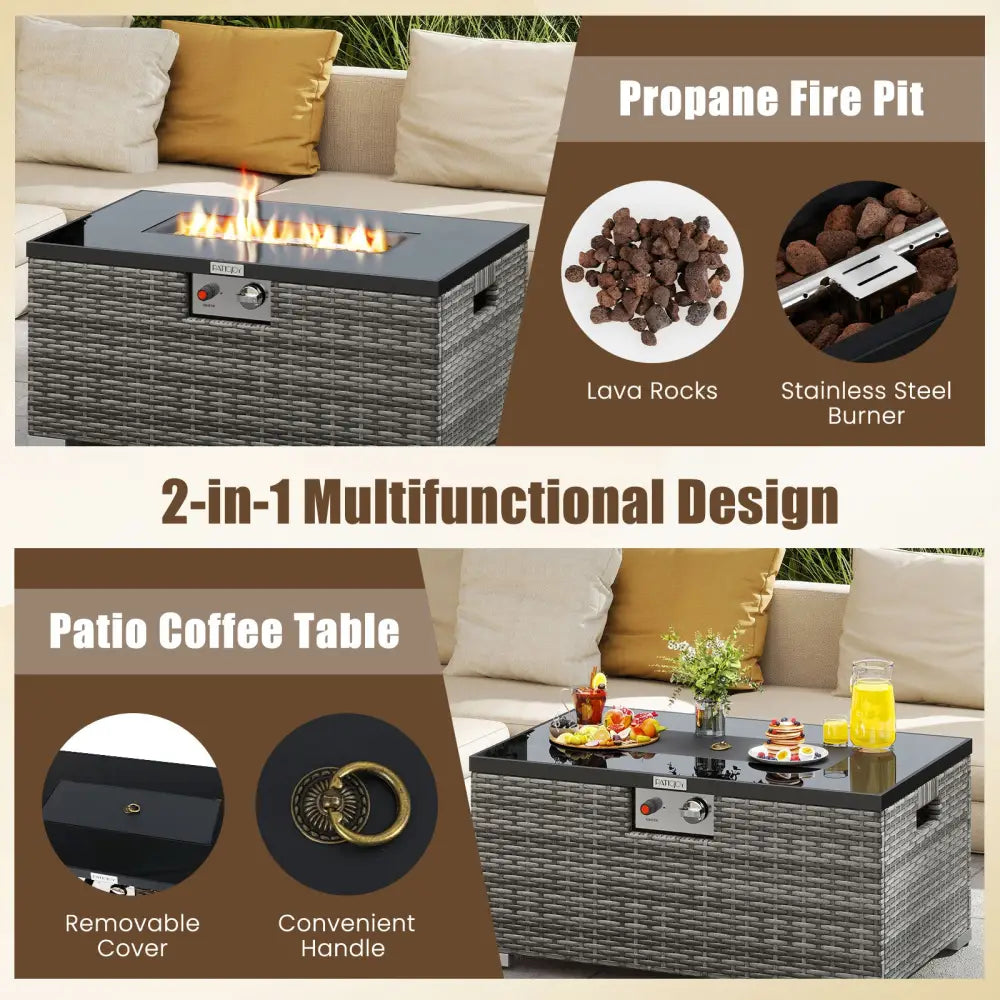 2-Piece Outdoor Rattan Fire Table Set 32 Inch Rectangle Gas Firepit with Tank Cover-Gray - Gray - Fire Pit Tables