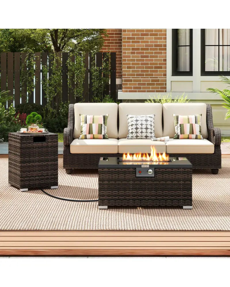 2-Piece Outdoor Rattan Fire Table Set 32 Inch Rectangle Gas Firepit with Tank Cover-Brown - Brown - Fire Pit Tables