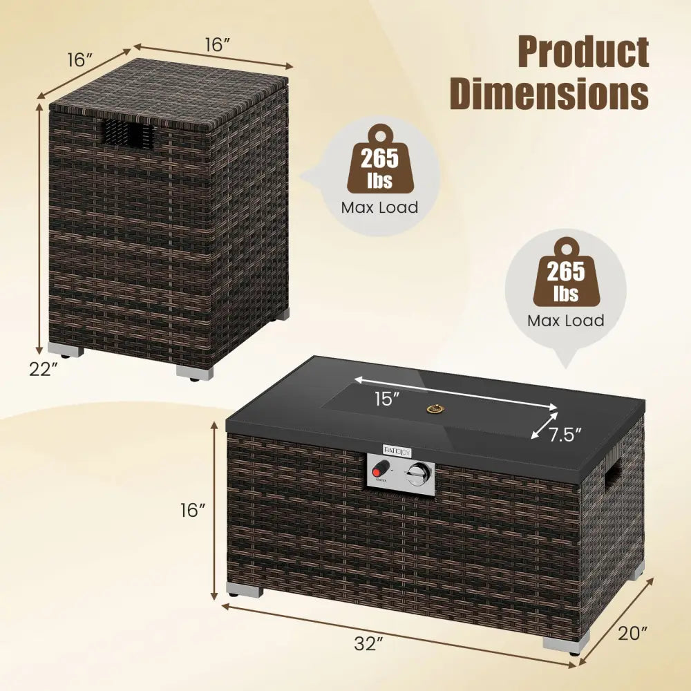 2-Piece Outdoor Rattan Fire Table Set 32 Inch Rectangle Gas Firepit with Tank Cover-Brown - Brown - Fire Pit Tables