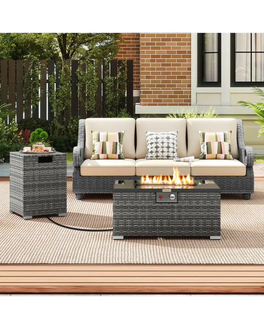 2-Piece Outdoor Rattan Fire Table Set 32 Inch Rectangle Gas Firepit with Tank Cover-Gray - Gray - Fire Pit Tables