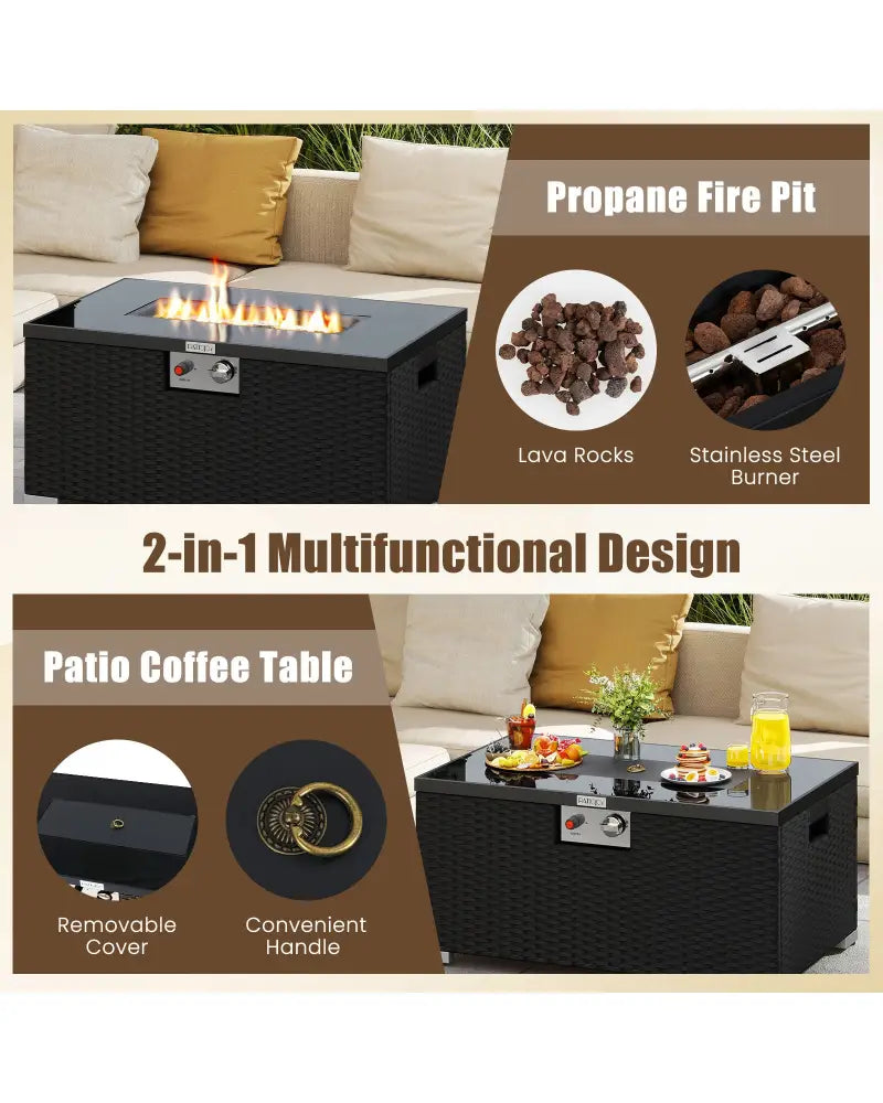 2-Piece Outdoor Rattan Fire Table Set 32 Inch Rectangle Gas Firepit with Tank Cover-Black - Black - Fire Pit Tables