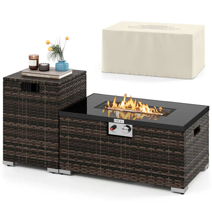 2-Piece Outdoor Rattan Fire Table Set 32 Inch Rectangle Gas Firepit with Tank Cover-Brown - Brown - Fire Pit Tables