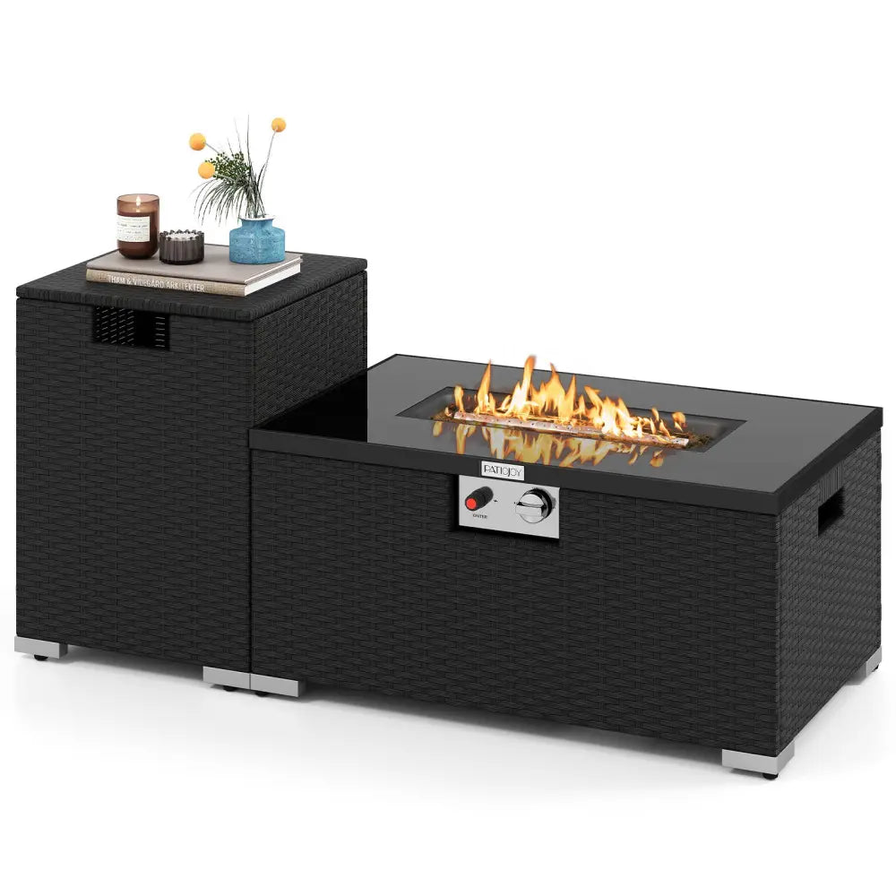 2-Piece Outdoor Rattan Fire Table Set 32 Inch Rectangle Gas Firepit with Tank Cover-Black - Black - Fire Pit Tables
