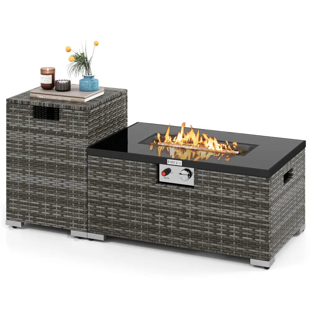2-Piece Outdoor Rattan Fire Table Set 32 Inch Rectangle Gas Firepit with Tank Cover-Gray - Gray - Fire Pit Tables